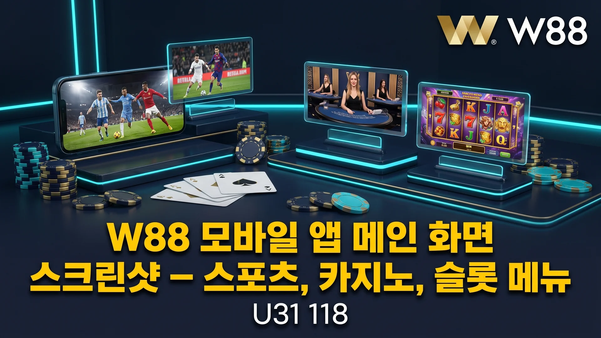 W88 모바일 앱 메인 화면 스크린샷 — 스포츠, 카지노, 슬롯 메뉴
