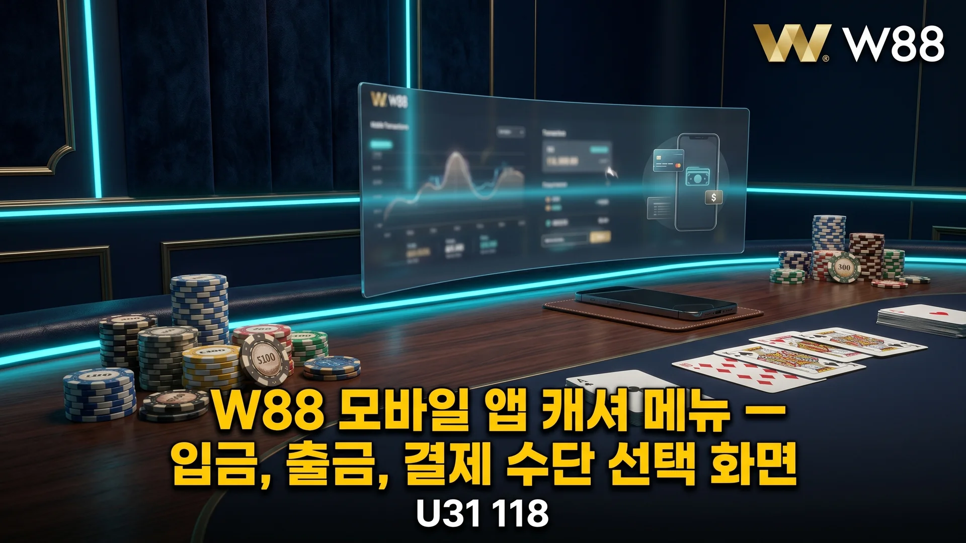 W88 모바일 앱 캐셔 메뉴 — 입금, 출금, 결제 수단 선택 화면