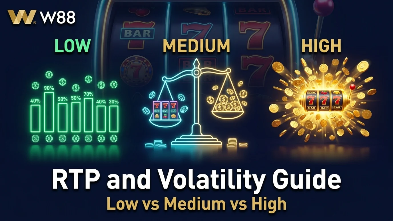 RTP and volatility chart for online slots at W88