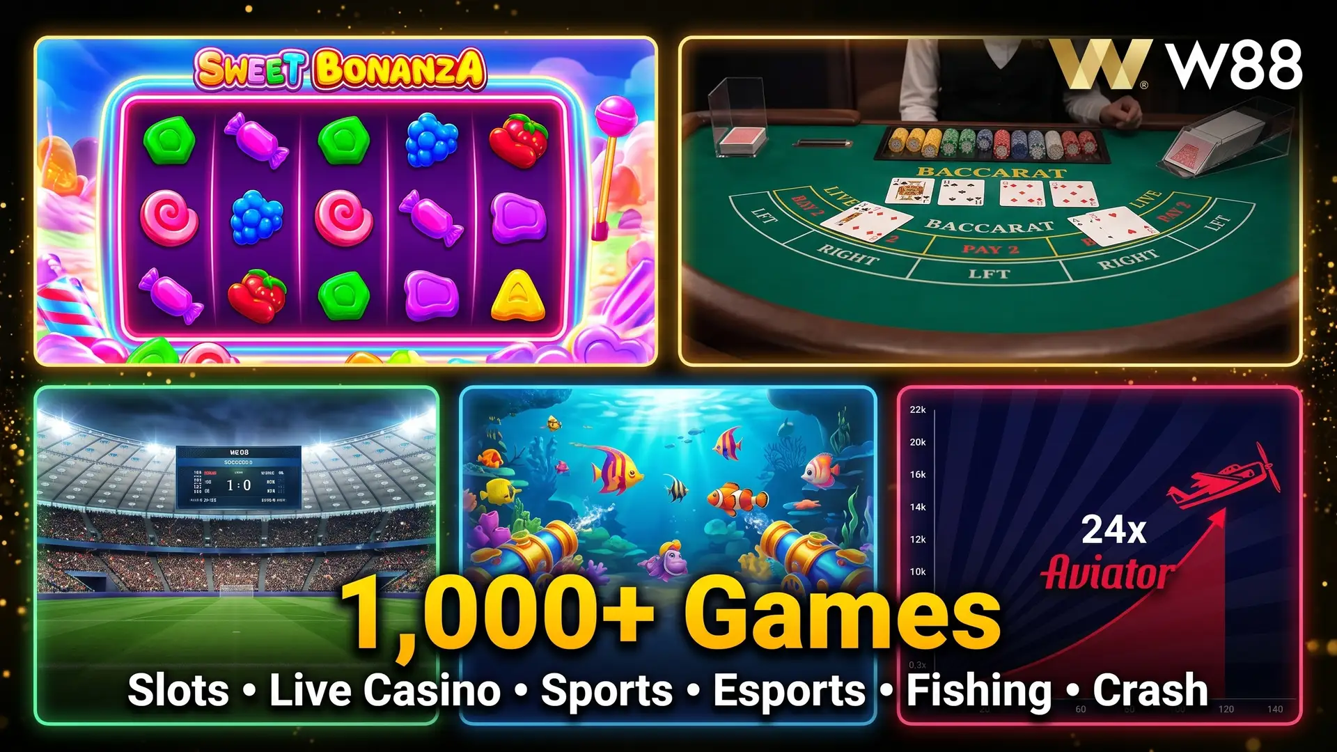 W88 game categories collage — slots reels, live casino baccarat table, sports stadium, and fishing game scene